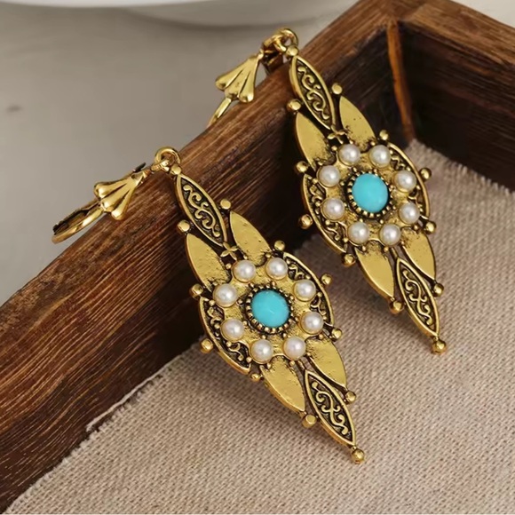 Anthropologie Jewelry - Victorian Gold Filigree Drop Earrings with Turquoise & Pearl Accents